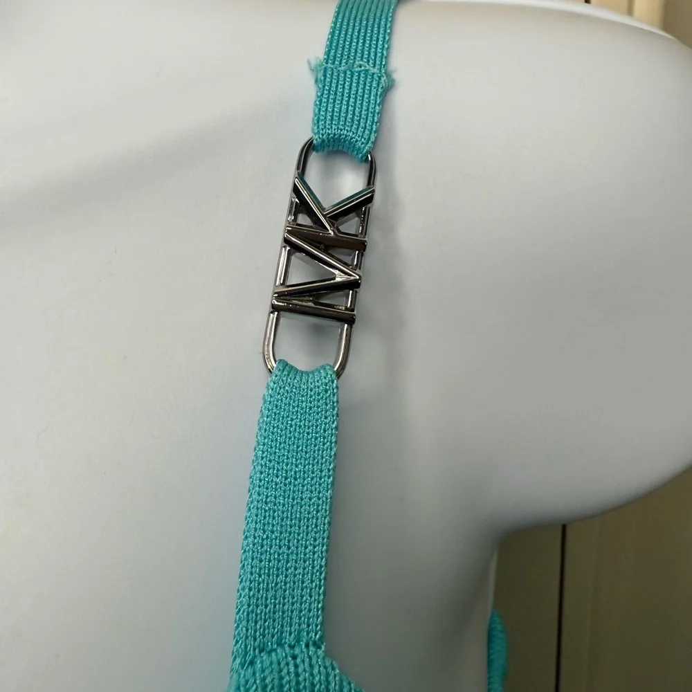 Michael Kors Ribbed Stretch Knit Midi Dress – Turquoise (With MK Chain Belt) - Picture 6 of 8